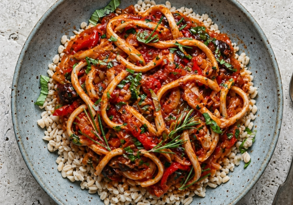 Encornets à la provencale, blé tendre et sauce tomate