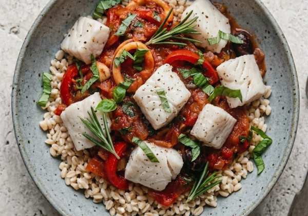 Dos de colin à la provencale, blé tendre et sauce tomate