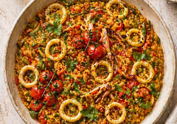 Paella espagnole, riz safrané et fruits de mer