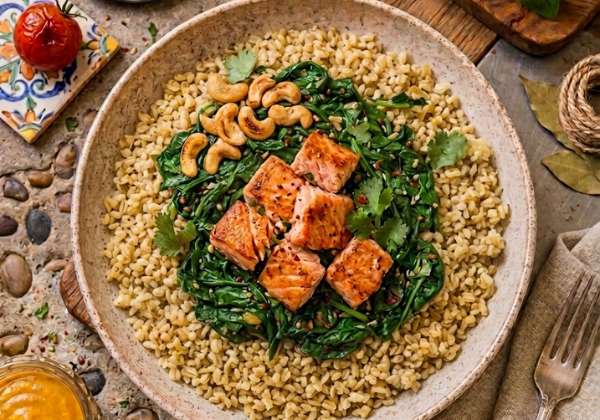 Salmon Fit, épinards et boulgour, noix de cajou torréfiées