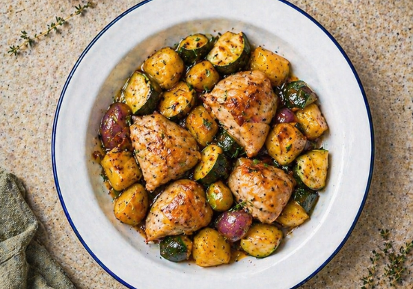 Volaille marinée au thym, légumes rôtis et pommes de terre au romarin