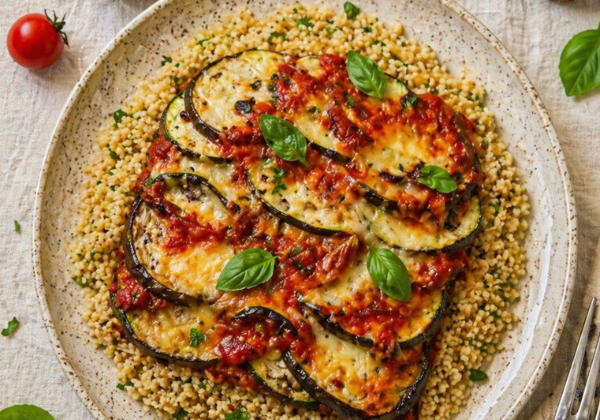 Moussaka végétarienne, boulgour aux herbes