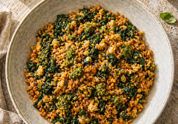 Risotto de petit épeautre au chèvre frais et pesto génois