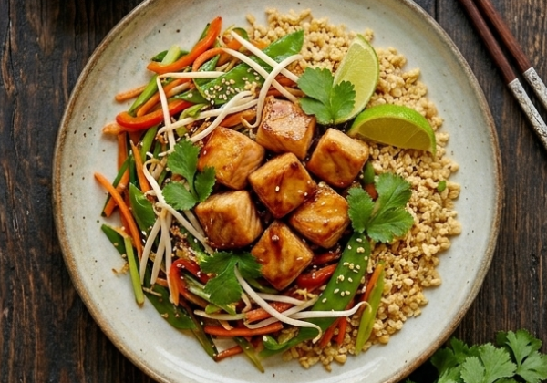 Dos de colin teriyaki et légumes marinés sautés et boulgour