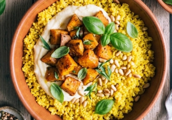 Patate douce rôtie, crème de parmesan, semoule au curcuma