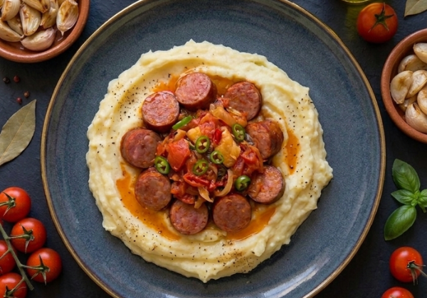 Rougail saucisse, fine purée de pomme de terre et sauce tomatée