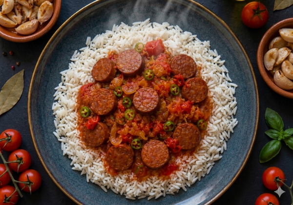 Rougail saucisse et son riz, sauce tomate et épice douce