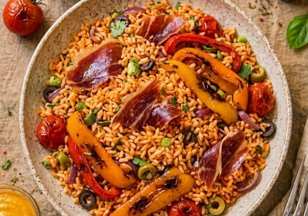 Salade de riz  à la catalane, jambon sec et poivrons grillés