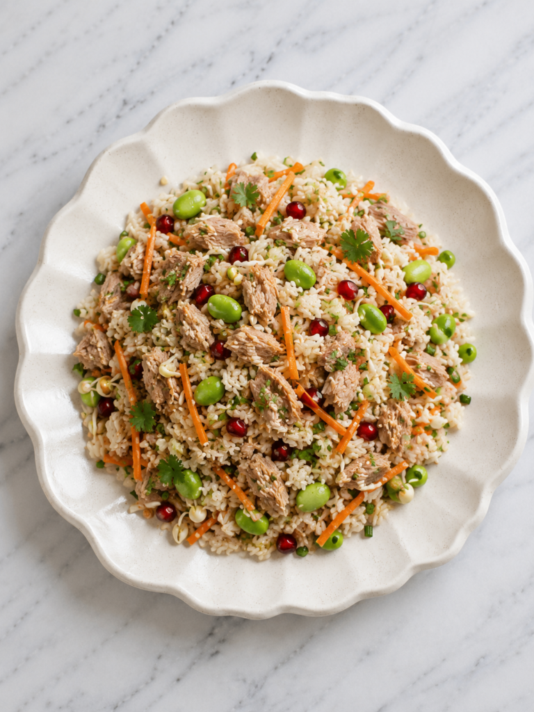 Salade de riz asiatique, graine de soja et sauce tahini