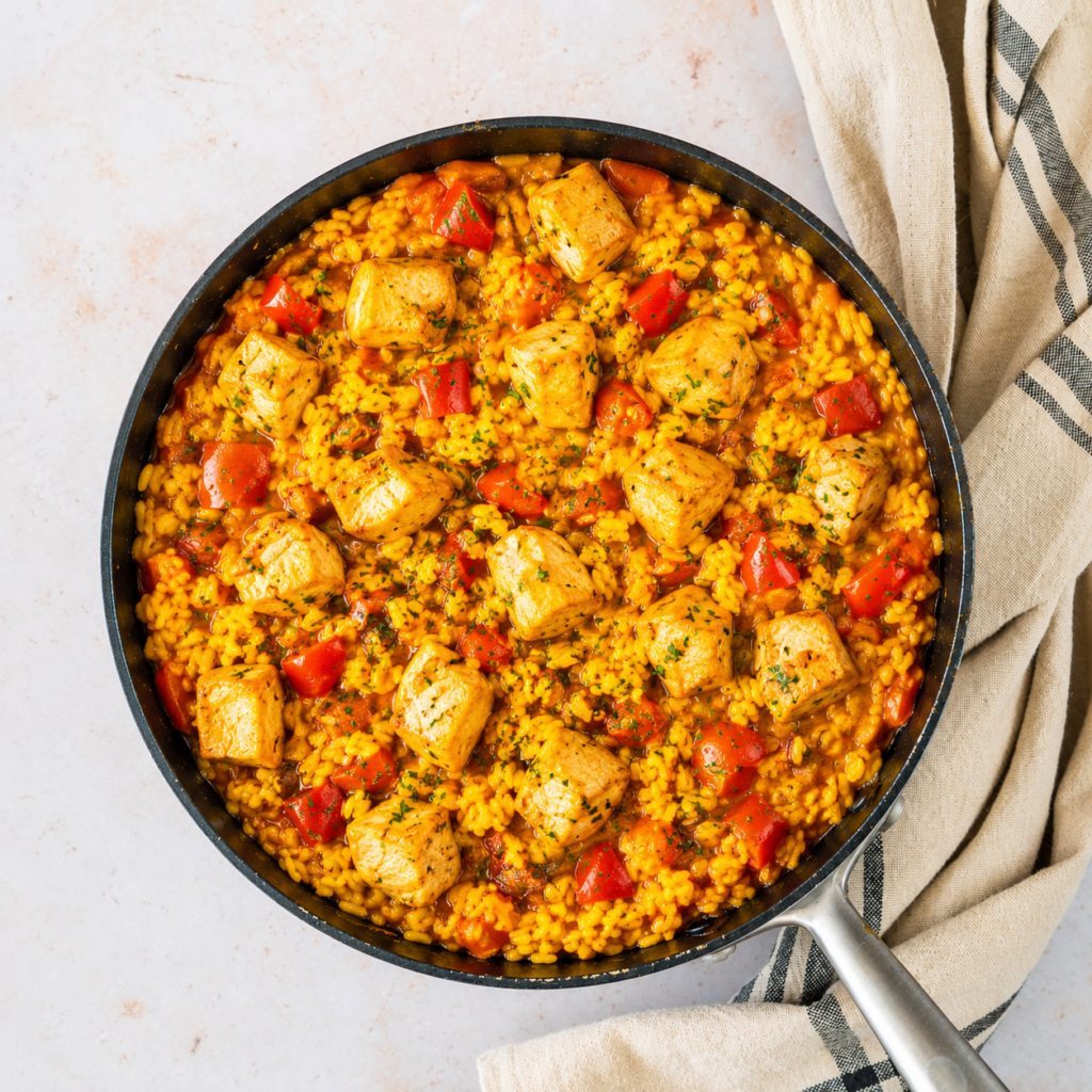Paella espagnole au poulet, chorizo et riz safrané