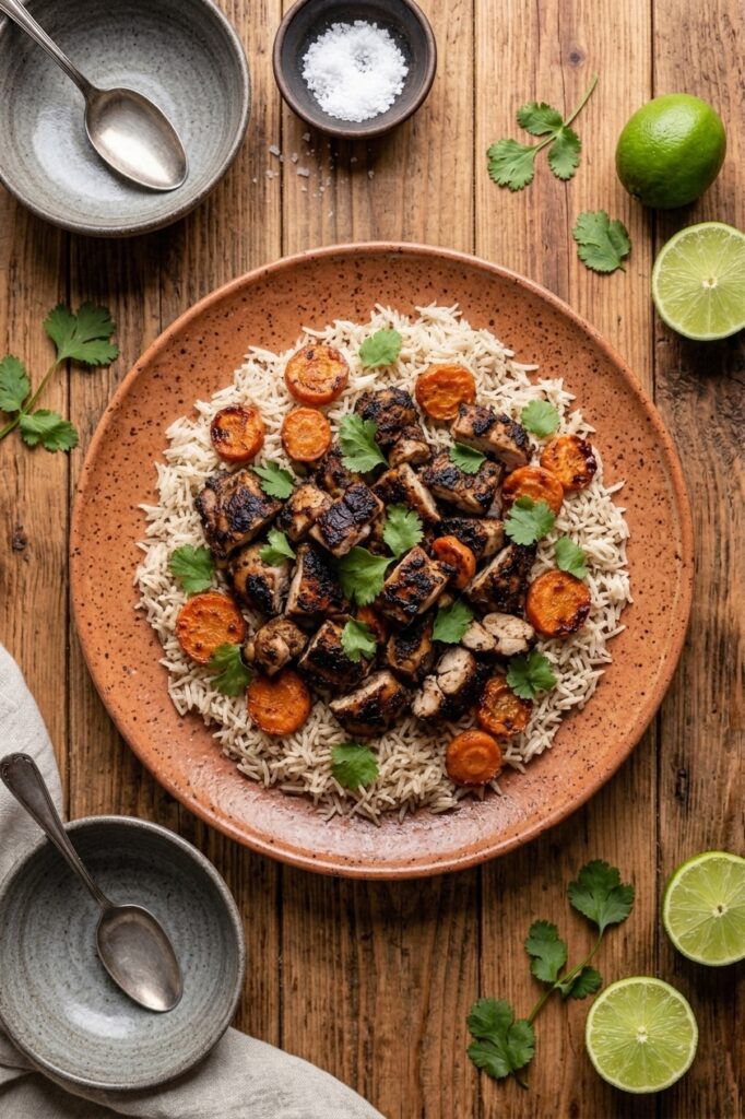 Poulet Jerk, carottes et riz basmati