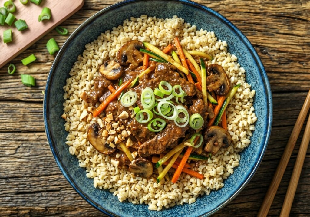 Fricassée de bœuf au saté, julienne de légumes et boulgour