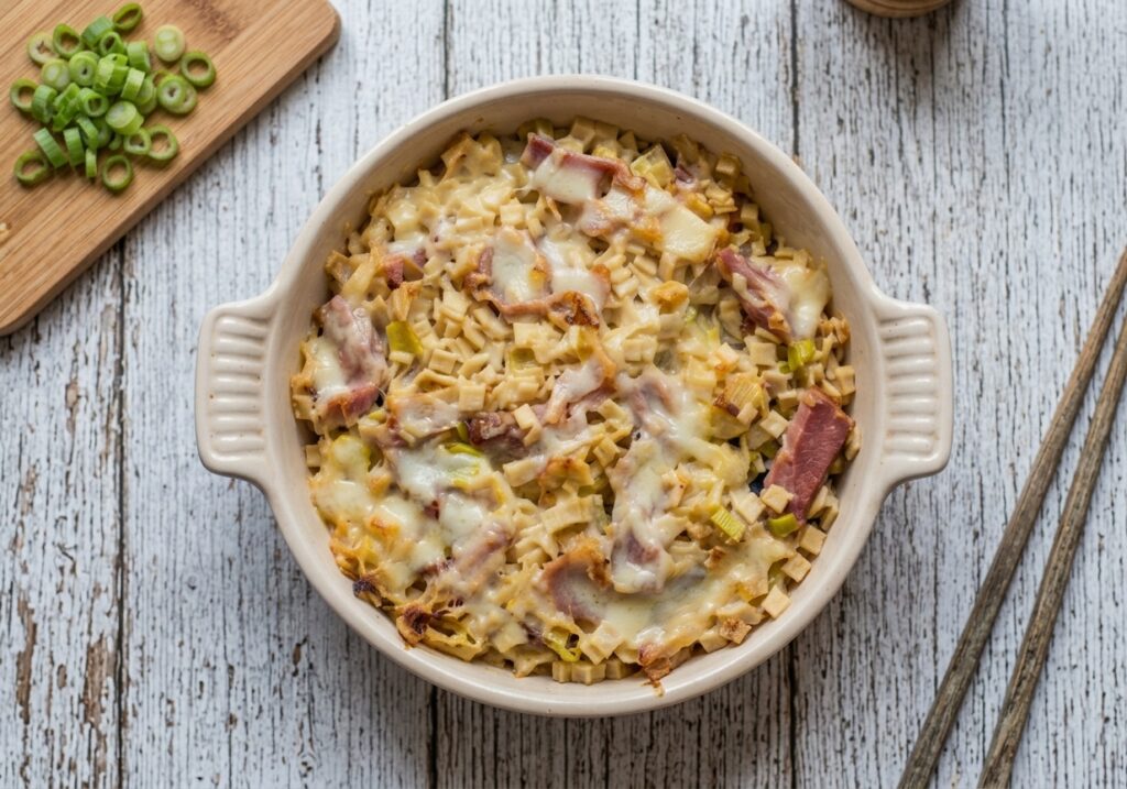 Gratin de crozets, poireaux et jambon fumé