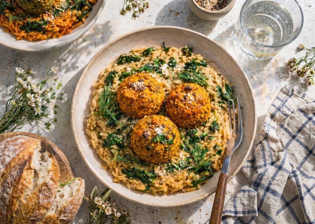 Polpettes végétariennes, orzo, duo de courge et carotte