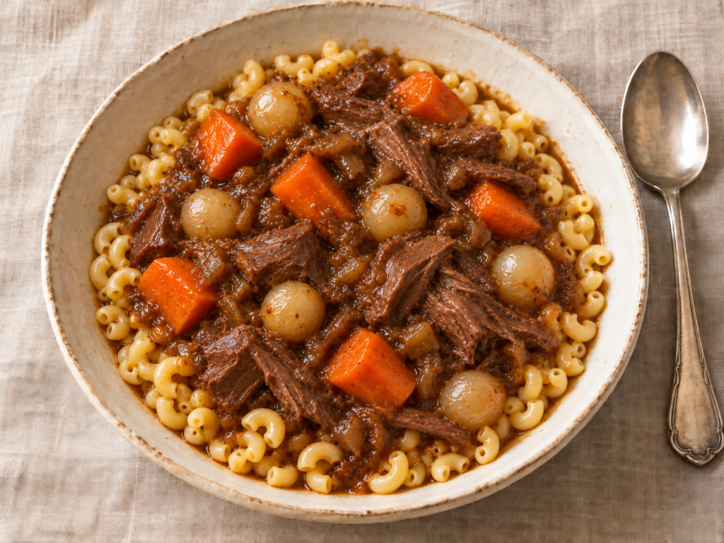 Carbonnade de bœuf et coquillettes et oignons grelots