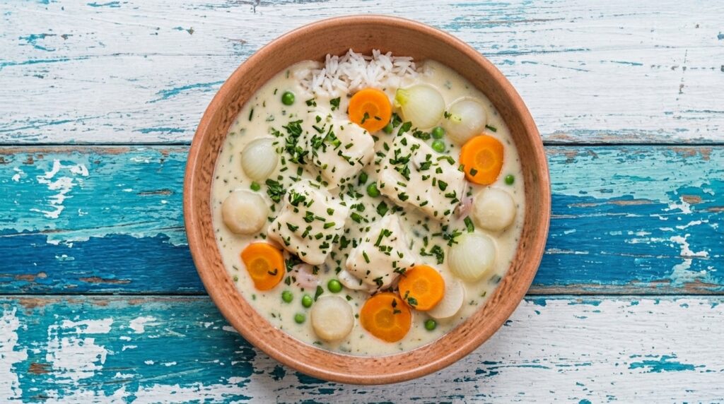 Blanquette de colin, riz et petits légumes