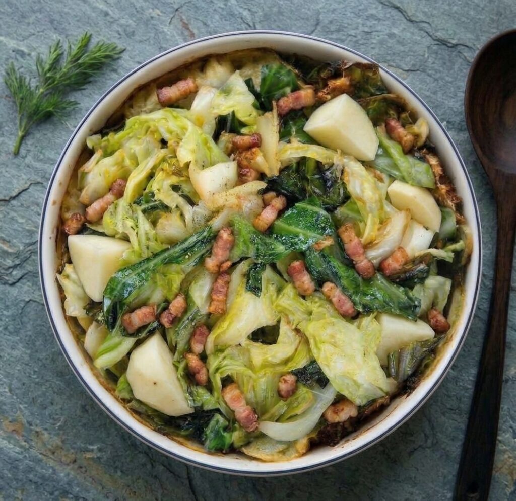 Embeurrée de chou vert au lard et pommes de terre vapeur