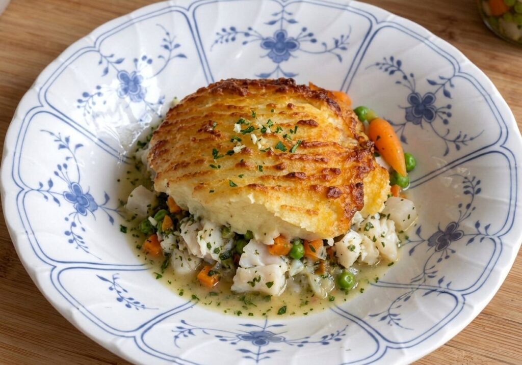 Parmentier de poisson en persillade et petits légumes