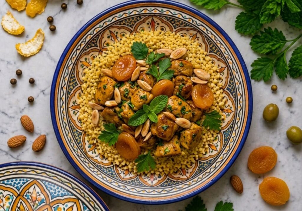 Tajine de poulet, aux abricots et amandes