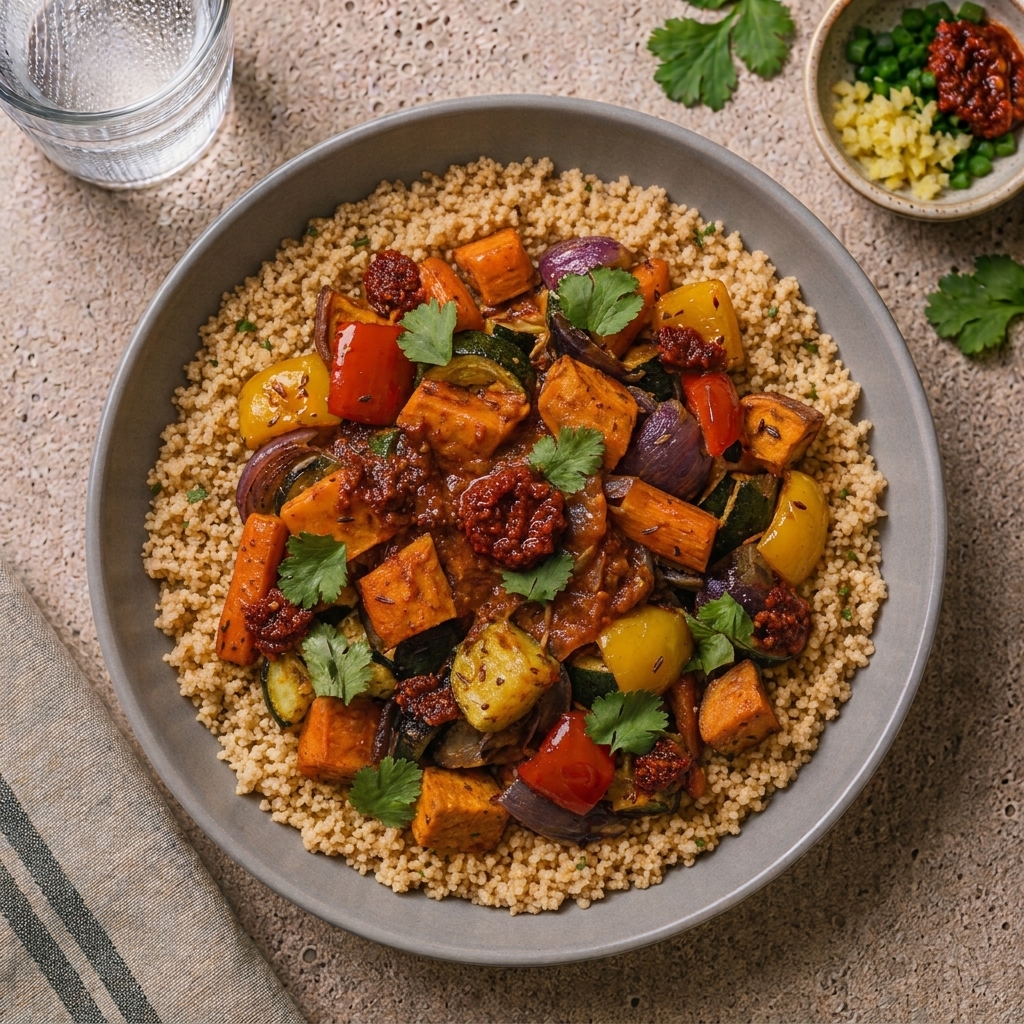 Légumes rôtis au miel et à la harissa, semoule