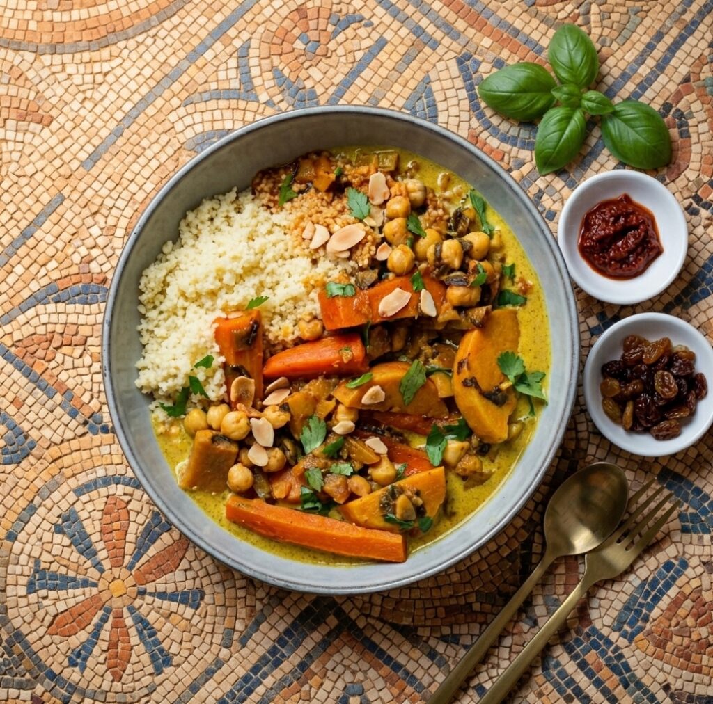 Couscous de légumes racines et pois chiches, crème au curry