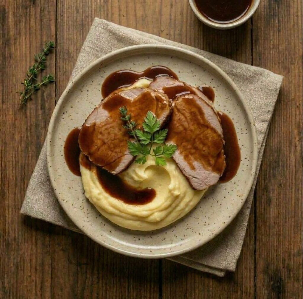 Rôti échine de porc confite, jus corsé et purée de pomme de terre